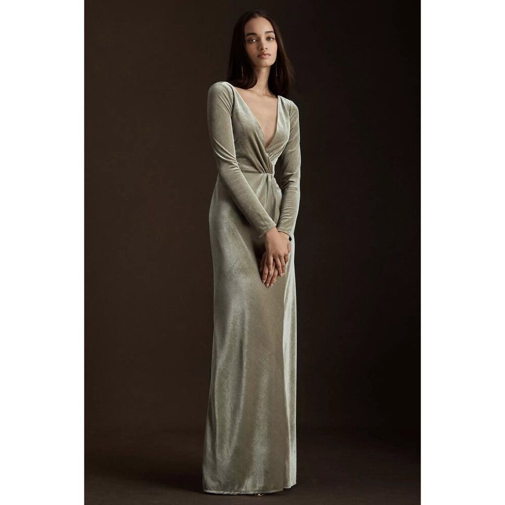 Jenny Yoo Long Sleeve Velvet Maxi Dress in Sage Green